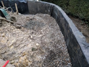 Moons Mill Project patio retaining pea shingle